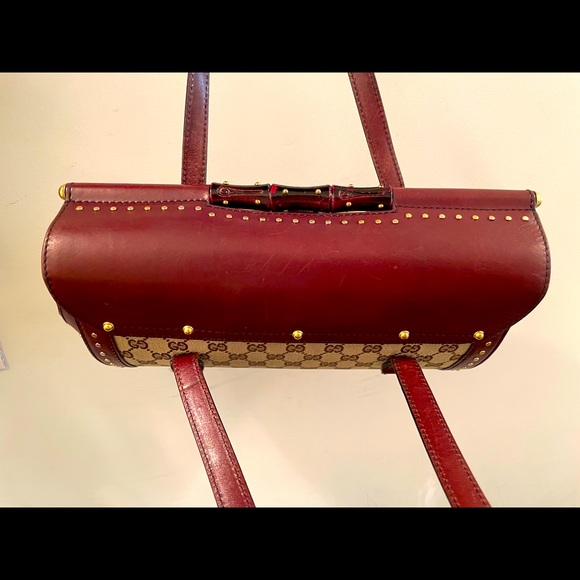 VINTAGE STUDDED BORDEAUX GUCCI BAMBOO BULLET BAG w/ BRASS HARDWARE & ACCENTS - Picture 8 of 12
